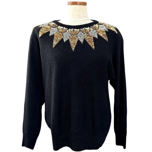 Vintage Silvercord Silk Angora Beaded Sequin Sweater Metallic Sunburst Size M - Picture 2 of 13